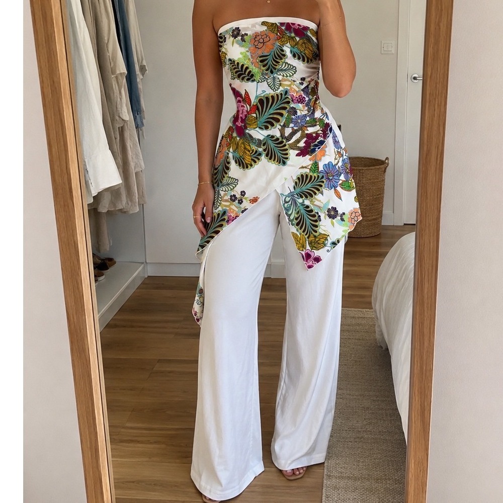 Joseph Ribkoff Floral Strapless Jumpsuit Wide Leg Asymmetrical Y2K Tropical 8